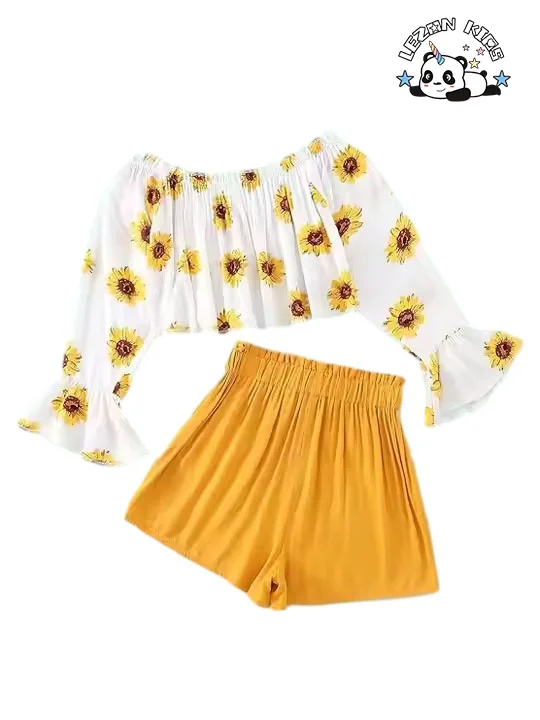 LEZONKIDS - Atacado de Novos Produtos conjuntos de roupas de meninas com estampa de margarida de manga longa conjunto de roupas de menina de 2 peças